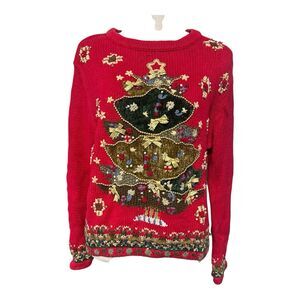 Vintage 90s All Points Ugly Christmas Sweater Red Knit Tree Beaded Embellished M
